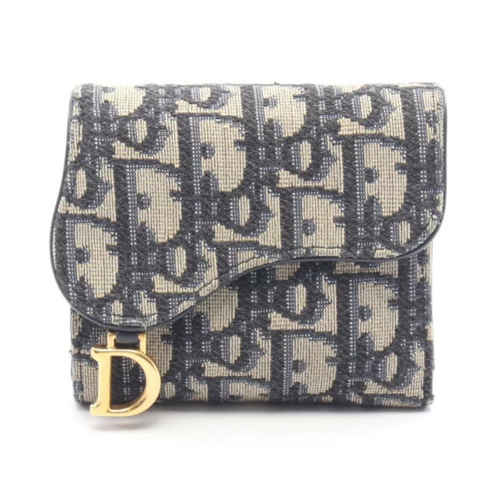 Christian Dior Saddle Oblique Trifold Wallet Canvas Leather Navy Blue Beige
